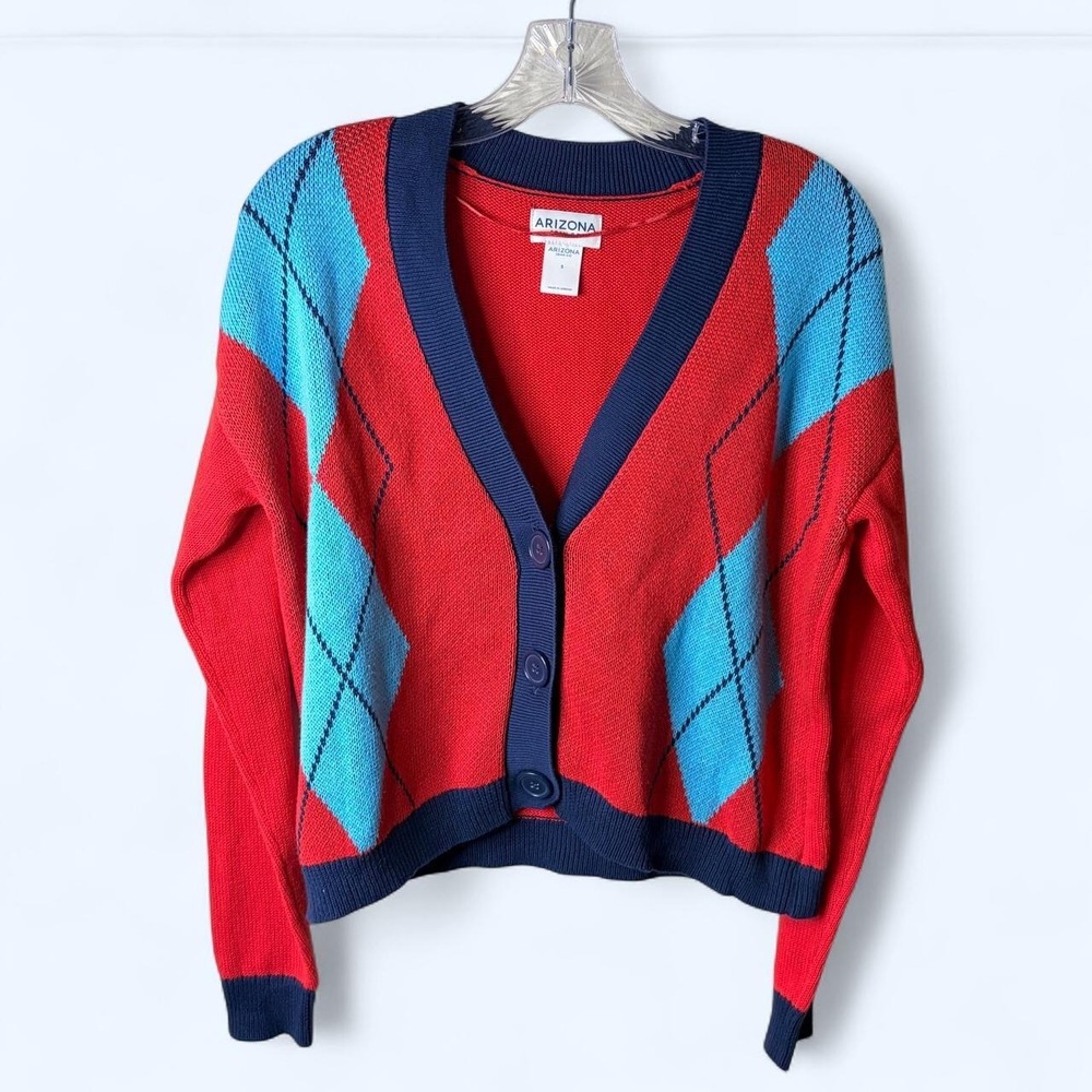 Arizona Red Argyle Cropped V-Neck Cardigan Sweater Size S Preppy Academic